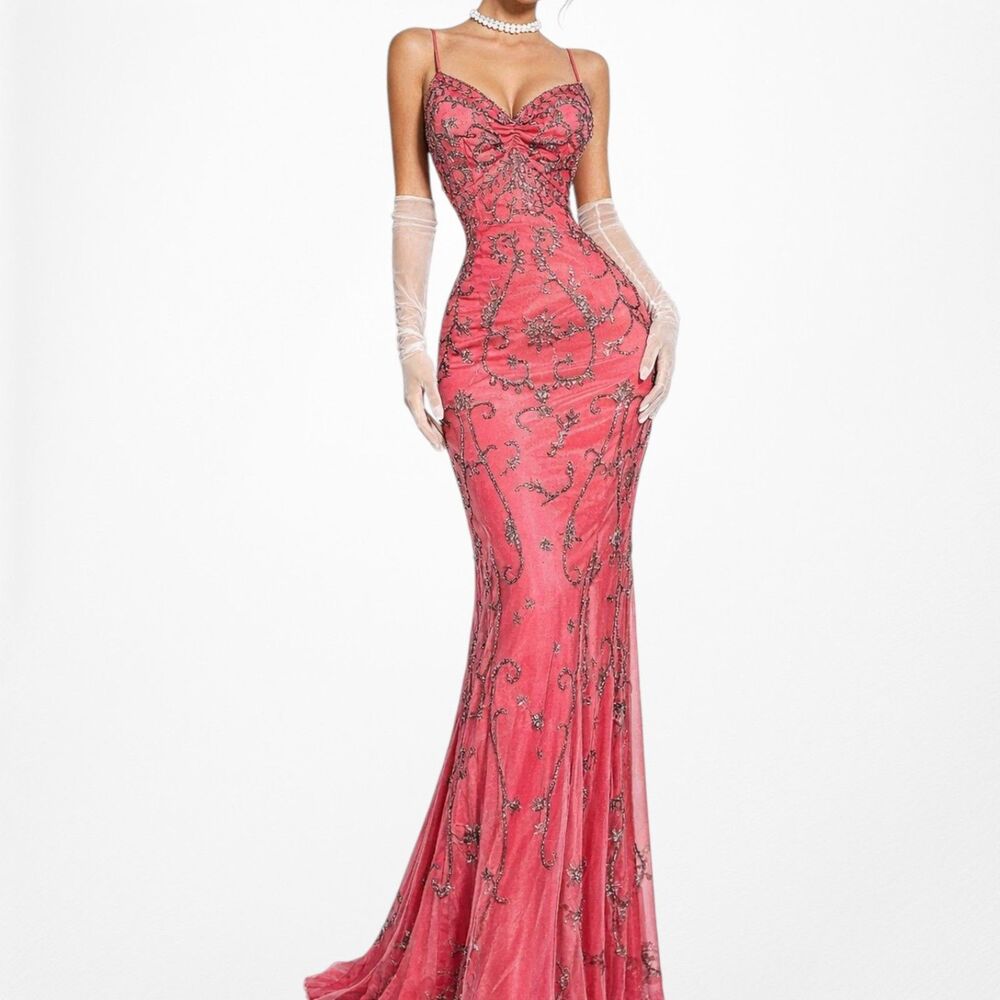 Vintage Y2K 90s Salmon Pink Beaded Mesh Bodycon Maxi Formal Prom Dress Size XS/S